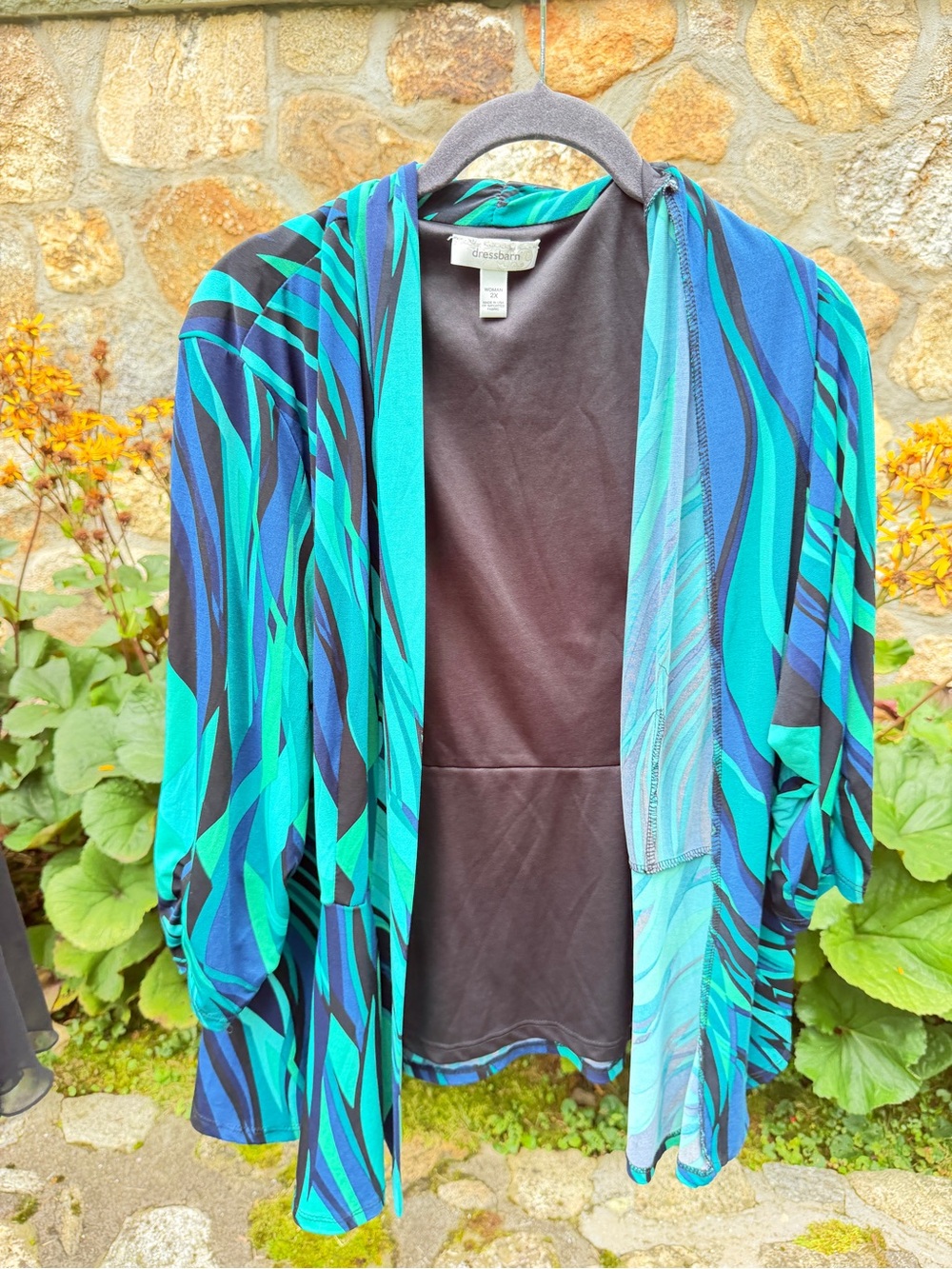 dressbarn Teal & Black Draped Open-Front Jacket